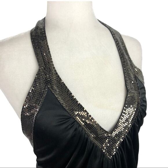 BCBG Diamante Mesh Mini Dress Black V-Neck Halter XS Clubwear Disco Party - Picture 7 of 14